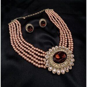 Heidi Daus Gold-Tone Statement Necklace & Earrings Set With Faux Pearls & Red Cr